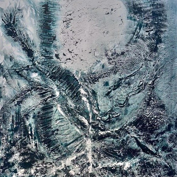 Sea-green and black painting with a turbulent relief